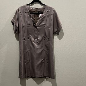 Season JS Taupe Satin Tunic Top Split V-Neck Pleated Grommet Detail size Large